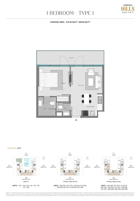 Plattegrond van 1 slaapkamer in Samana Hills South 3