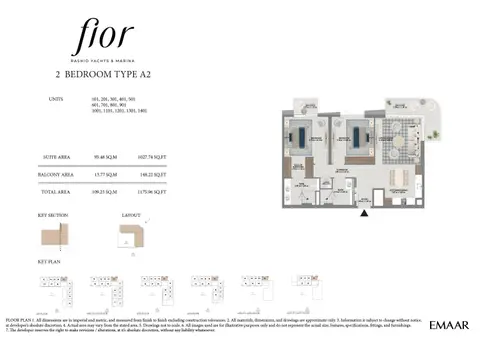Plattegrond van 2 slaapkamers in Fior at Rashid Yachts and Marina