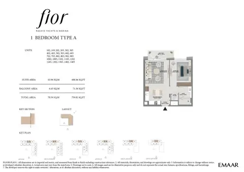 Plattegrond van 1 slaapkamer in Fior at Rashid Yachts and Marina