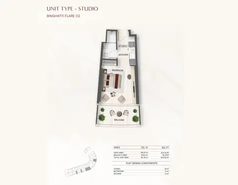 Plattegrond van Studio in Binghatti Flare 2