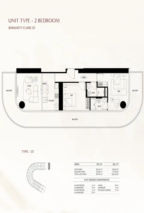 Plattegrond van 2 slaapkamers in Binghatti Flare