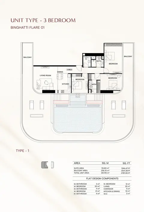 Plattegrond van 3 slaapkamers in Binghatti Flare