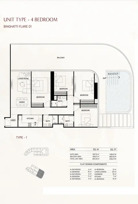 Plattegrond van 4 slaapkamers in Binghatti Flare