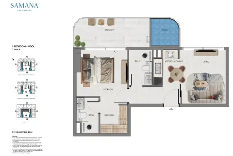 Plattegrond van 1 slaapkamer in Samana Portside