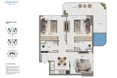 Plattegrond van 2 slaapkamers in Samana Portside
