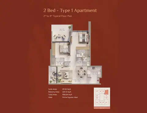 Plattegrond van 2 slaapkamers in Bliss Tower Dubailand