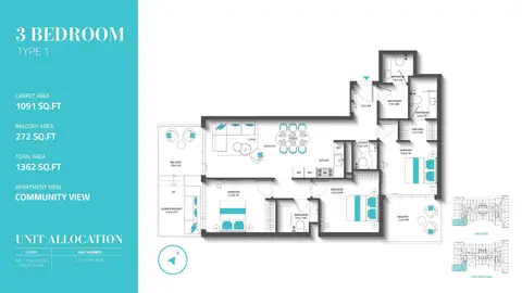 Plattegrond van 3 slaapkamers in Reef 996
