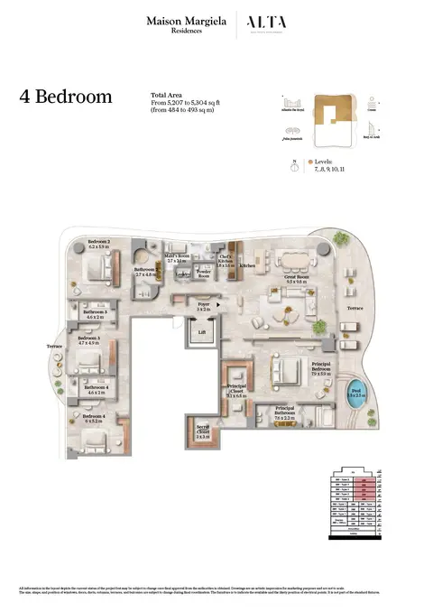 Plattegrond van 4 slaapkamers in Maison Margiela Residences