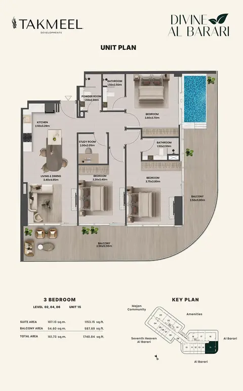 Plattegrond van 3 slaapkamers in Divine Al Barari by Takmeel