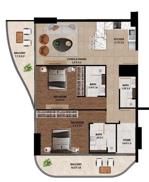 Plattegrond van 2 slaapkamers in Marquis One at Arjan
