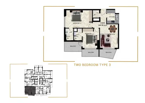 Plattegrond van 2 slaapkamers in Empire Residence at JVC