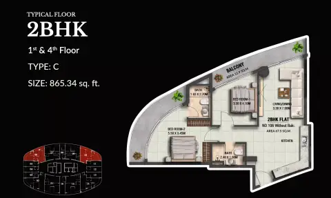Plattegrond van 2 slaapkamers in Lincoln Star Residence 4