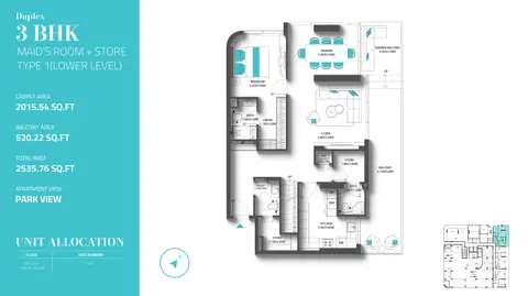 Plattegrond van 3 slaapkamers in Reef 997 Residences at Dubai Islands