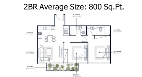 Plattegrond van 2 slaapkamers in Azizi Riviera Meydan