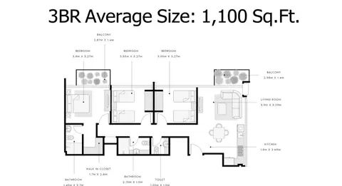 Plattegrond van 3 slaapkamers in Azizi Riviera Meydan