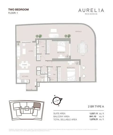 Plattegrond van 2 slaapkamers in Aurelia Residence at Dubai Sports City