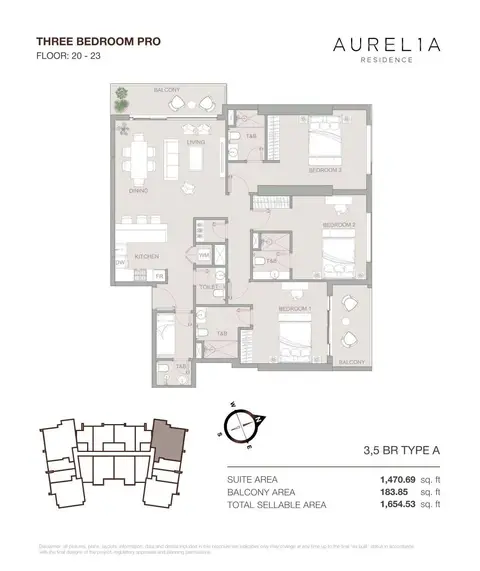 Plattegrond van 3 slaapkamers in Aurelia Residence at Dubai Sports City