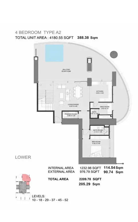 Plattegrond van 4 slaapkamers in Madain Tower Dubai Marina
