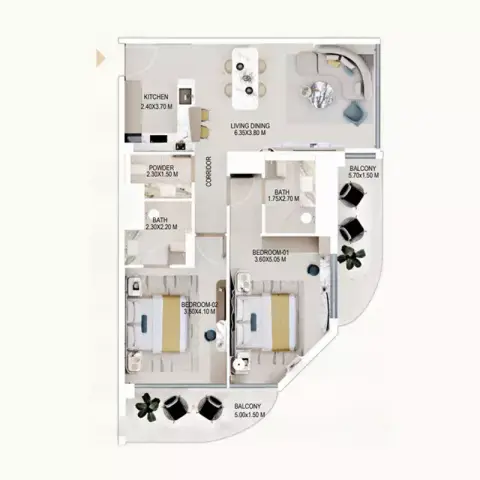 Plattegrond van 2 slaapkamers in Rabdan Gardens