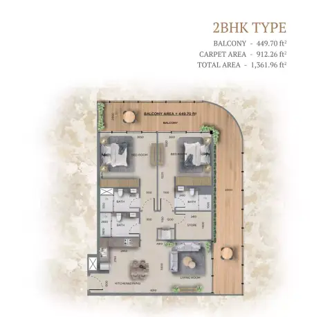 Plattegrond van 2 slaapkamers in 368 Park Ln