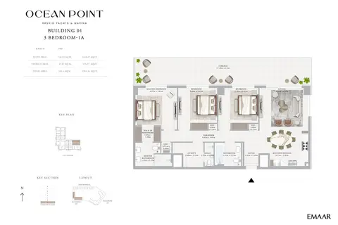 Plattegrond van 3 slaapkamers in Emaar Ocean Point Mina Rashid