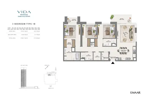 Plattegrond van 3 slaapkamers in Vida Residences at Dubai Hills Estate