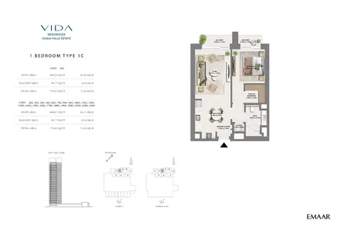 Plattegrond van 1 slaapkamer in Vida Residences at Dubai Hills Estate