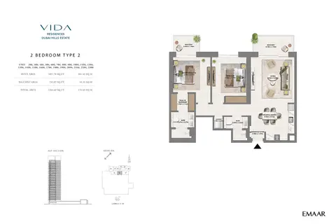 Plattegrond van 2 slaapkamers in Vida Residences at Dubai Hills Estate