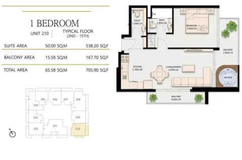 Plattegrond van 1 slaapkamer in Golden Wood Views
