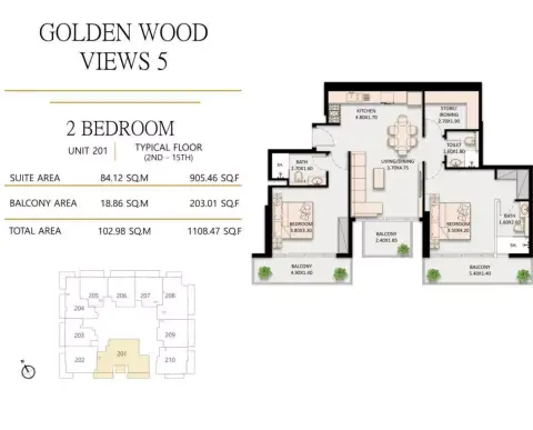 Plattegrond van 2 slaapkamers in Golden Wood Views