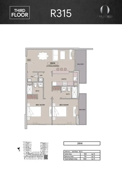 Plattegrond van 2 slaapkamers in Oxford Boulevard