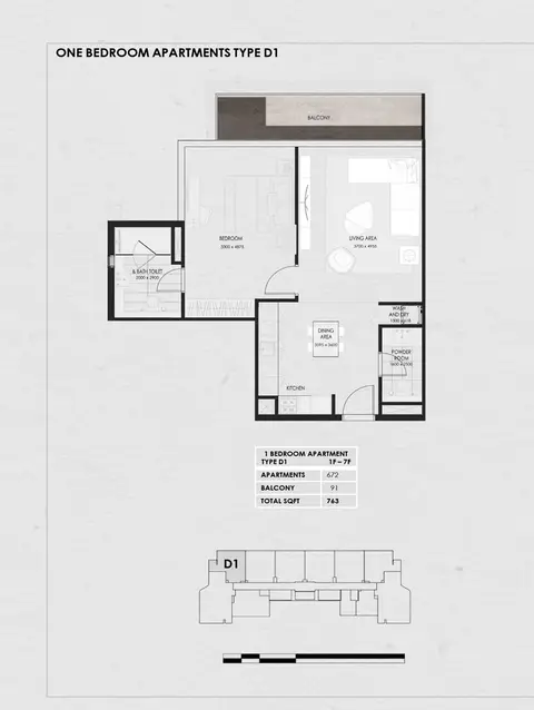 Plattegrond van 1 slaapkamer in Wadi 645 by Greenside
