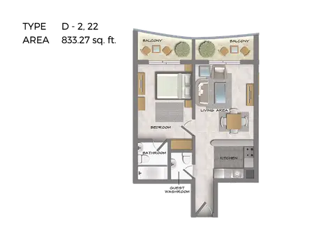 Plattegrond van 1 slaapkamer in Hera Tower