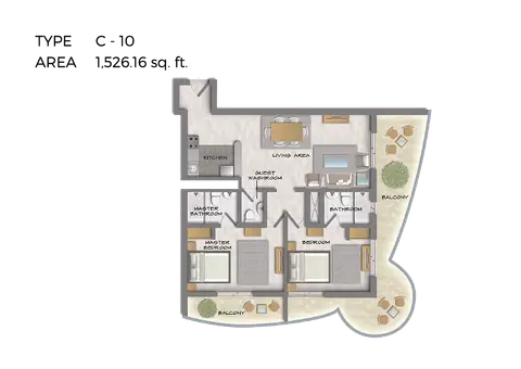 Plattegrond van 2 slaapkamers in Hera Tower