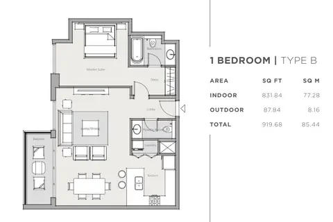 Plattegrond van 1 slaapkamer in Park One Apartments