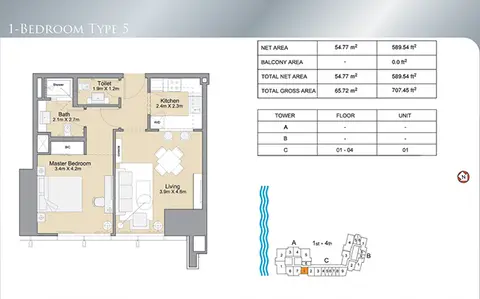 Plattegrond van 1 slaapkamer in Sparkle Towers