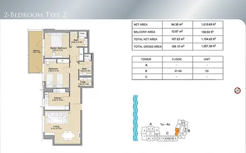 Plattegrond van 2 slaapkamers in Sparkle Towers