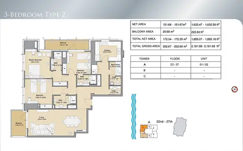 Plattegrond van 3 slaapkamers in Sparkle Towers