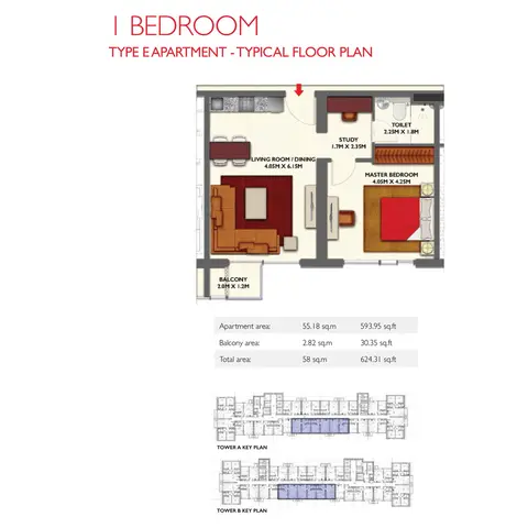 Plattegrond van 1 slaapkamer in Dragon Towers
