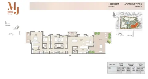 Plattegrond van 4 slaapkamers in Asayel Apartments at MJL
