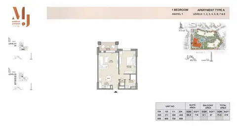 Plattegrond van 1 slaapkamer in Asayel Apartments at MJL