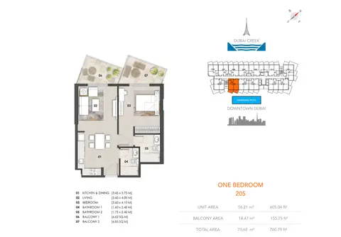 Plattegrond van 1 slaapkamer in Binghatti Gateway