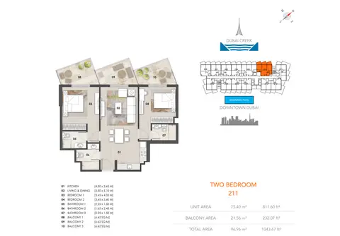 Plattegrond van 2 slaapkamers in Binghatti Gateway