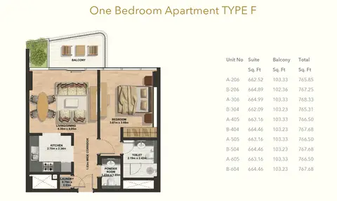 Plattegrond van 1 slaapkamer in Gemini Splendor