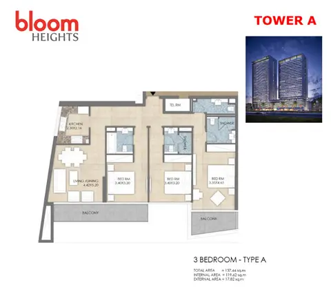 Plattegrond van 3 slaapkamers in Bloom Heights