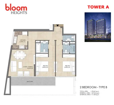 Plattegrond van 2 slaapkamers in Bloom Heights