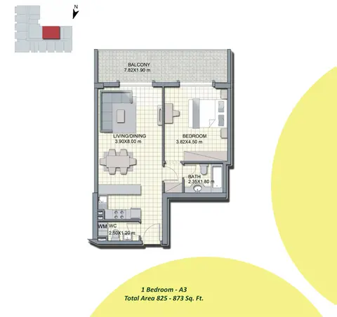 Plattegrond van 1 slaapkamer in Alcove Apartments JVC