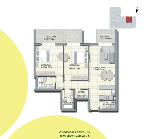 Plattegrond van 2 slaapkamers in Alcove Apartments JVC