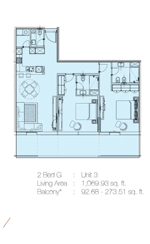 Plattegrond van 2 slaapkamers in Marquise Square
