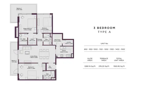 Plattegrond van 3 slaapkamers in Dune Residency